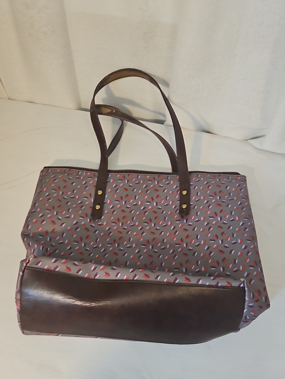 Fossil Gray Tote with Red and White Dot Confetti and Brown Trim